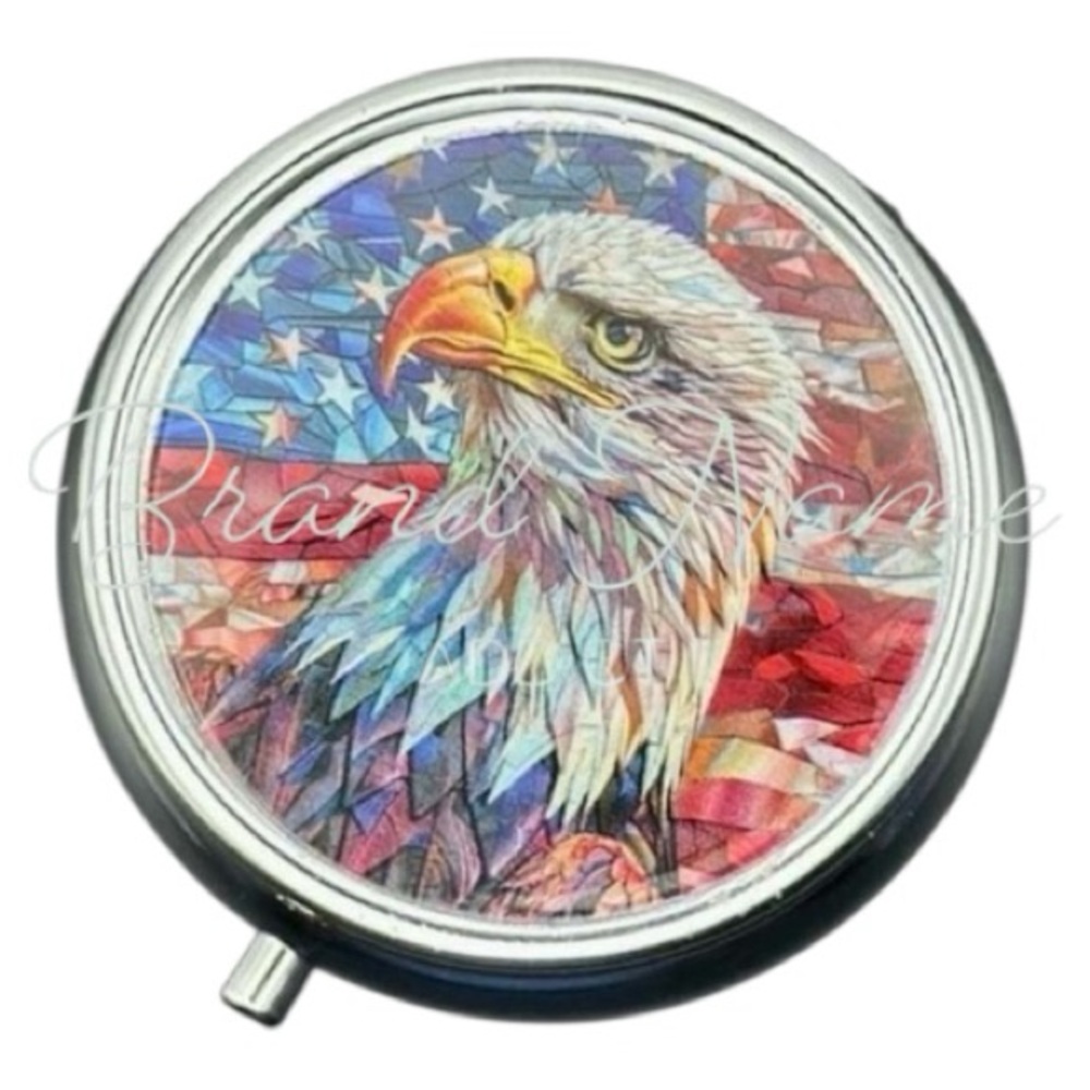 American Bald Eagle and Flag Round Silver Metal Pill Box 3-Compartment